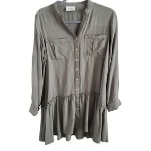 AURA Woman Size S Drop Waist Relaxed Shirt Dress/Tunic Green Roll tab sleeves